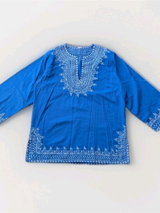 Unbranded Tops - Moroccan Embroidered Tunic Top Women’s L Blue White Boho Kaftan Gandoura Shirt